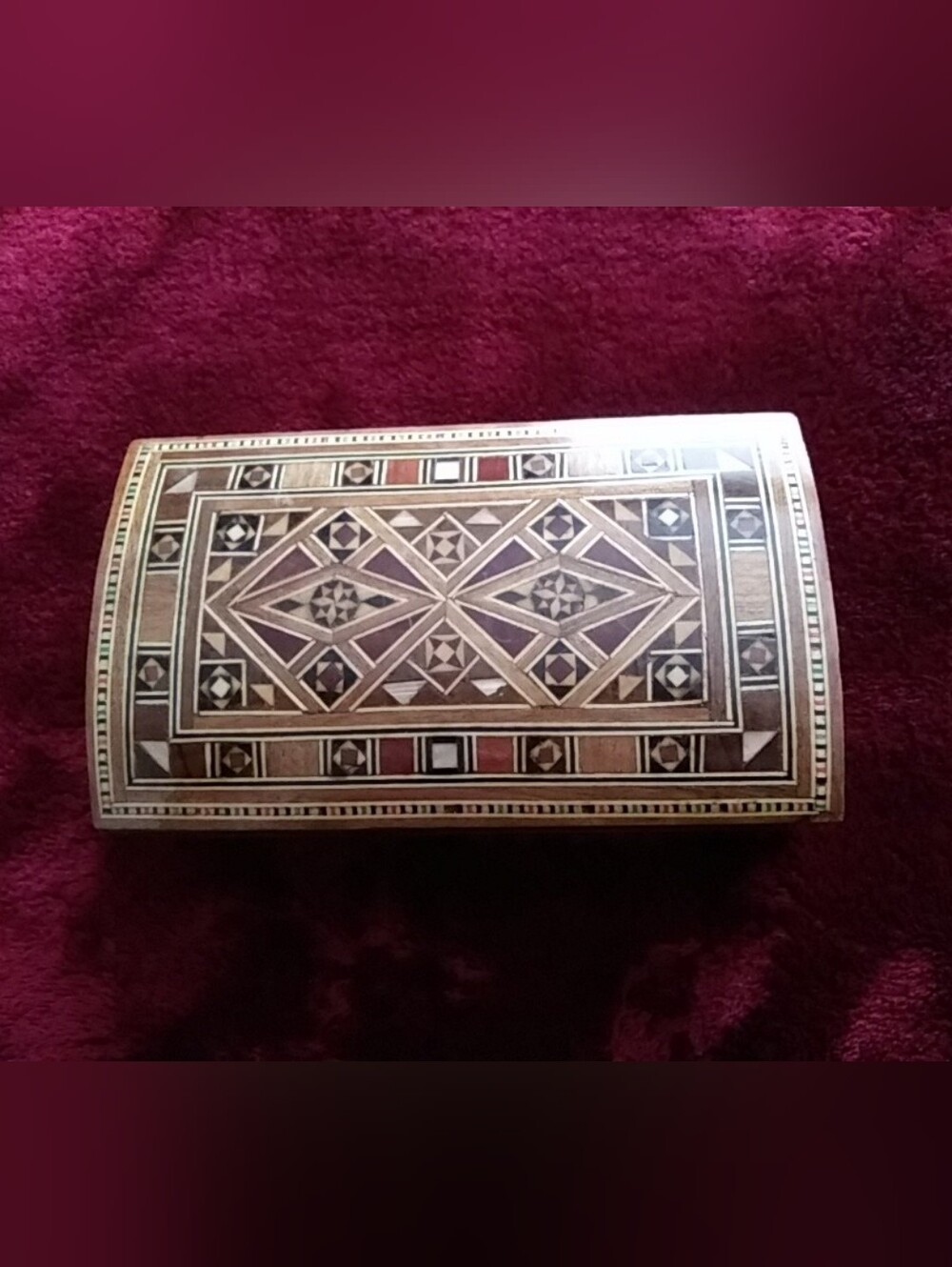 vintage mosaic wooden trinket box inlay design velvet inside 6inch long 31/2 wid